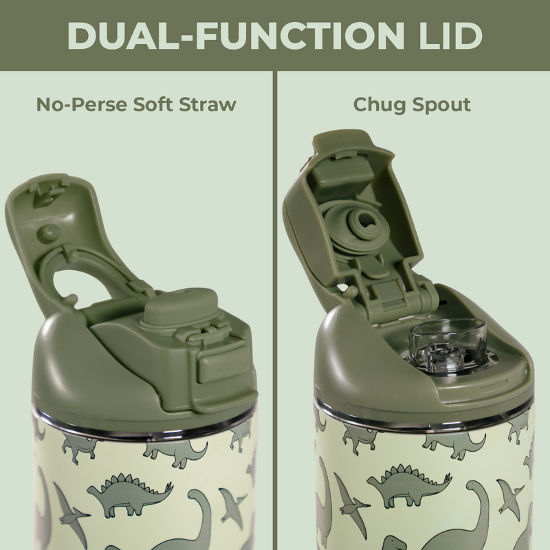 Ease2o 14oz | Leakproof 2-in-1 Kids Water Bottle with Straw & Chug Spout – Dinosaur